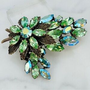Vintage Signed Regency Brooch Pin Green Blue AB Navette Rhinestone Rare 50s 60s